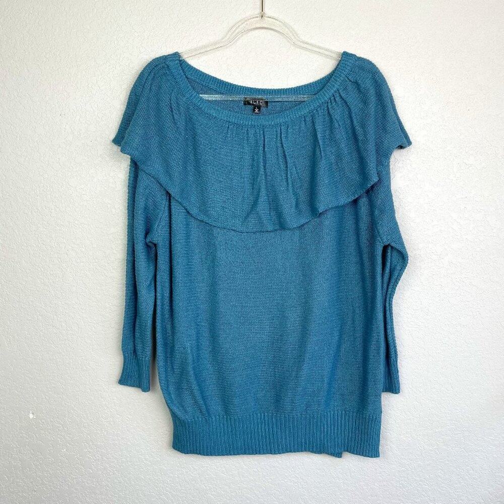 TCEC Dusty Blue Off the Shoulder Ruffle Sweater L